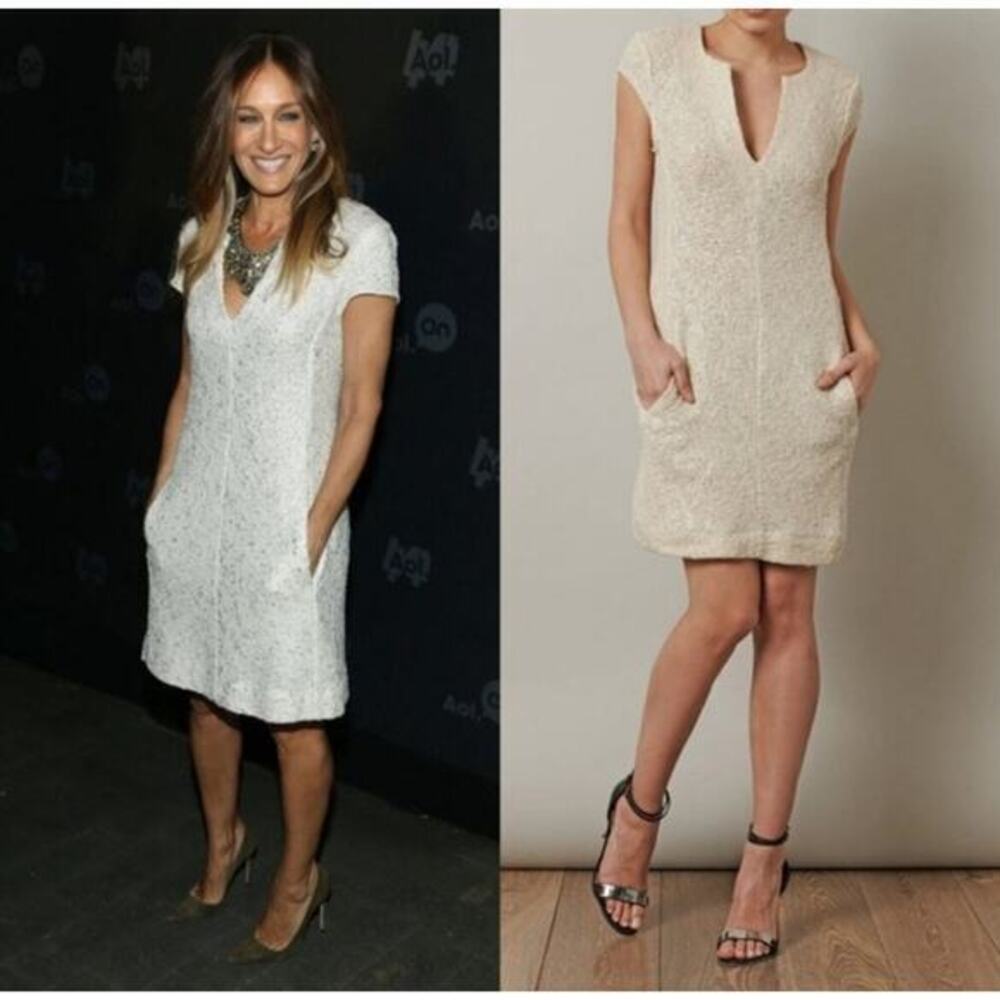 L'Agence Tweed Knit Cap Sleeve Ivory Metallic Shimmer Sheath‎ Dress